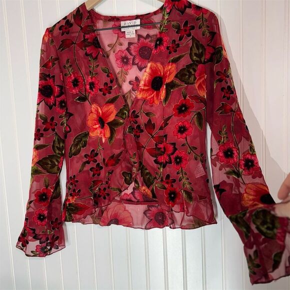 Vintage‎ David Warren NY Burnout Floral Mesh Blouse Red Sheer Ruffle Sleeve Sz 6 - Picture 3 of 10